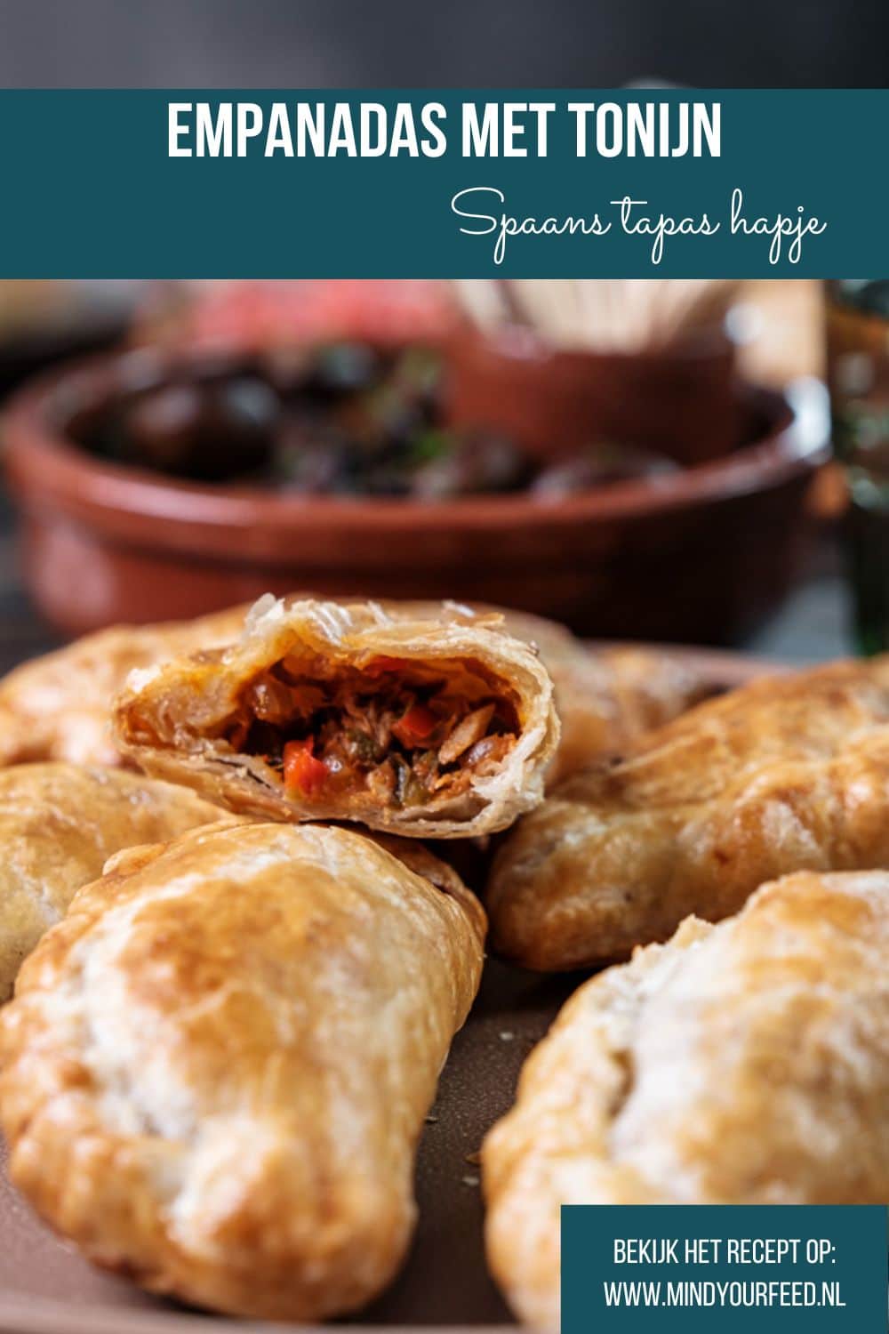 Empanadas met tonijn, paprika, rode ui en gerookt paprikapoeder, geserveerd als knapperig Spaans tapasgerecht. Empanada de atun, spaans tapas hapje met tonijn